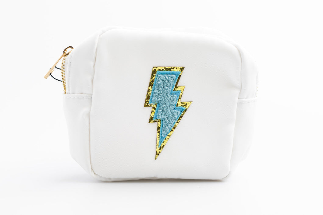 White Small Nylon Pouch with blue lightning bolt patch