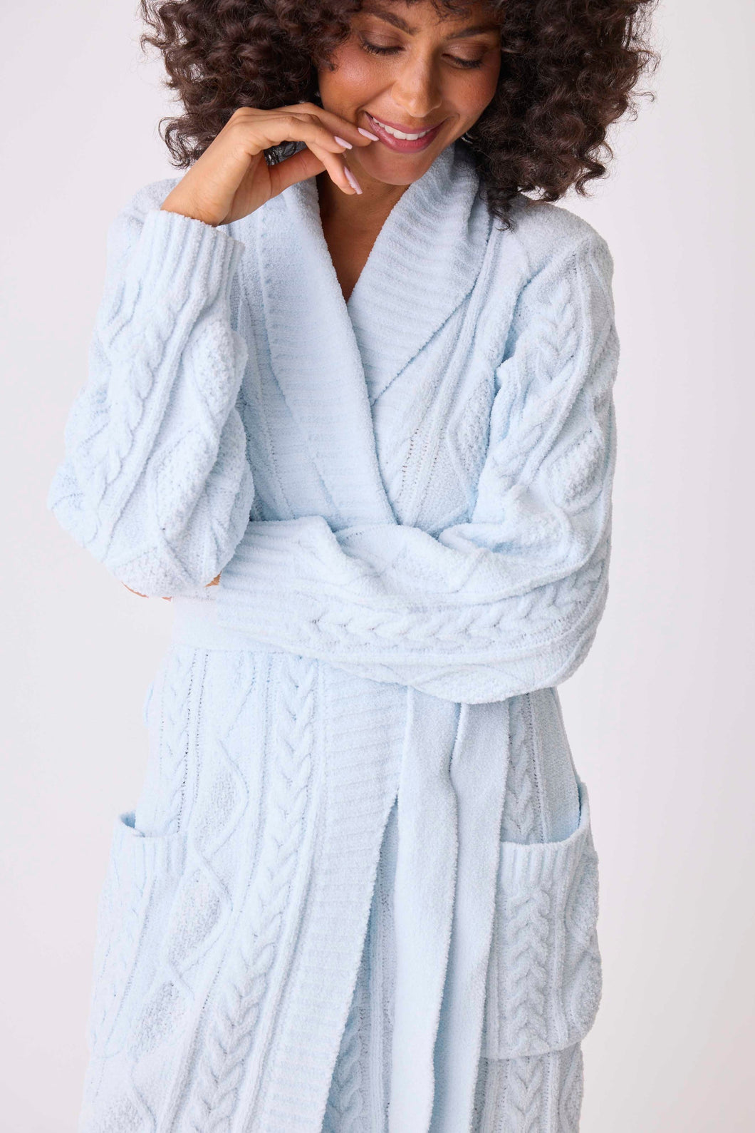 Chenille Cozy Cable Shawl Collar Robe - Blue