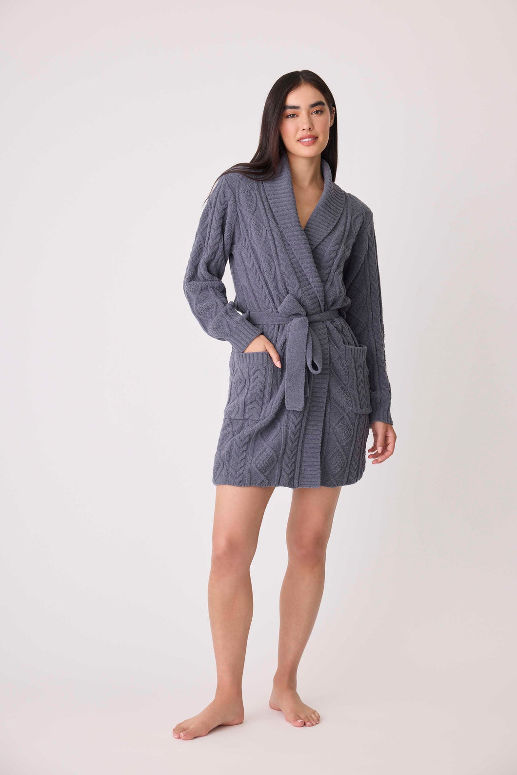 Chenille Cozy Cable Shawl Collar Robe - Charcoal