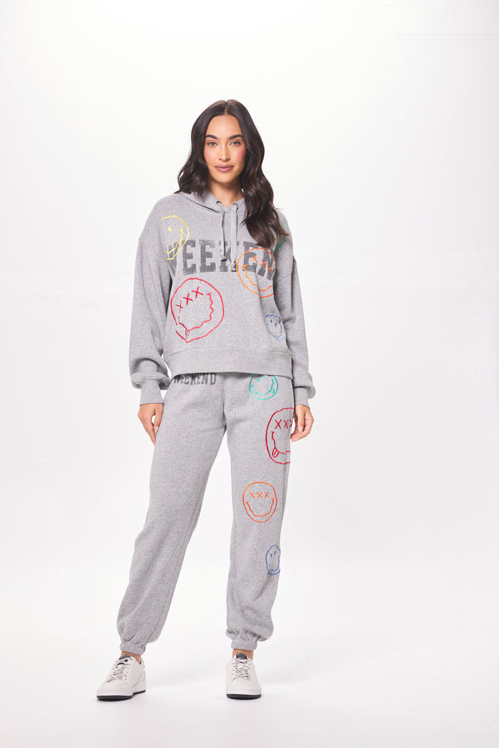 BURNOUT HOODIE & JOGGERS W/ SMILEY EMBROIDERY.