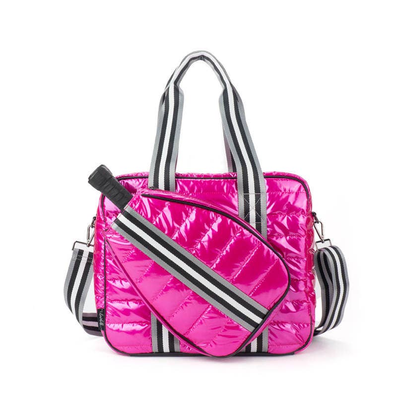 Puffer Pickle Ball Tote Pink with black Stripe in 4/30