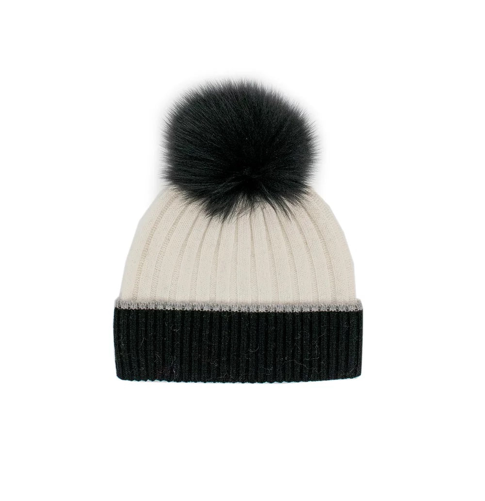 Knit Hat with Fox Fur Pom Pom