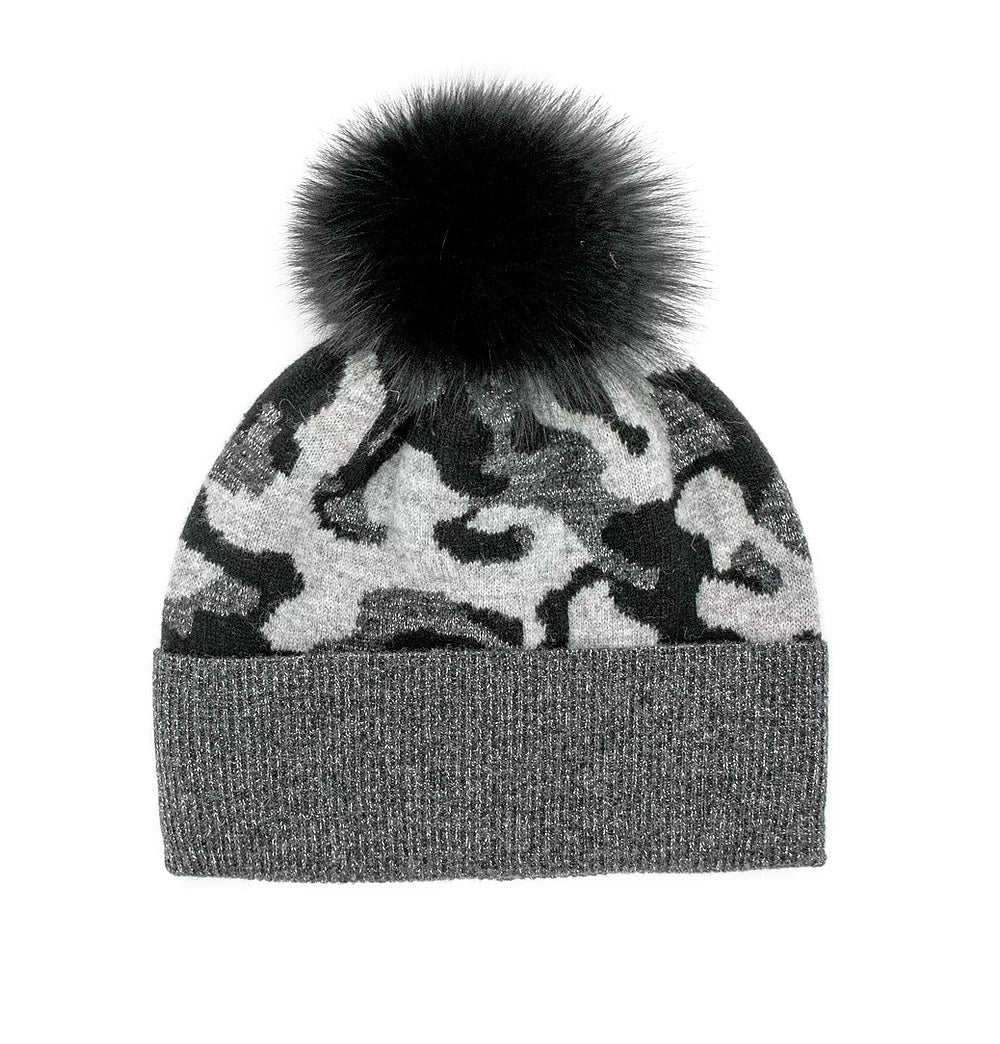 Knit Hat with Fox Fur Pom Pom