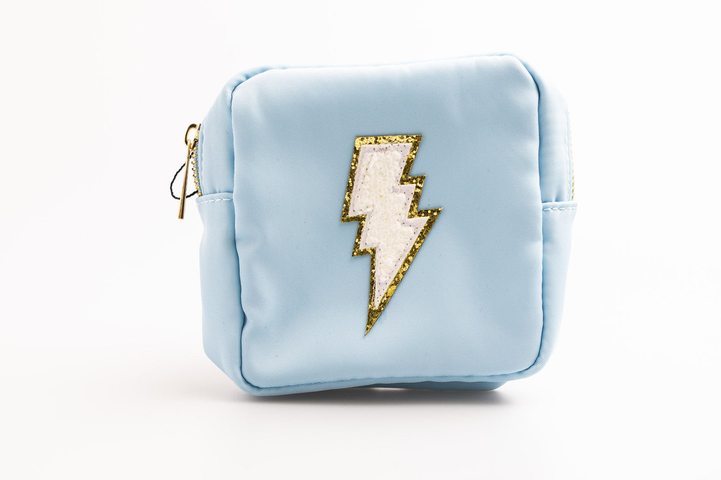Light Blue Small Nylon Pouch with lightning bolt patch