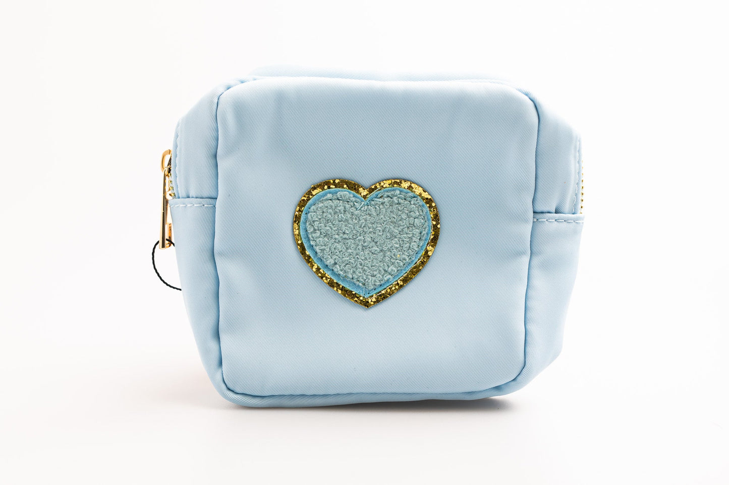 Light Blue Small Nylon Pouch with heart patch
