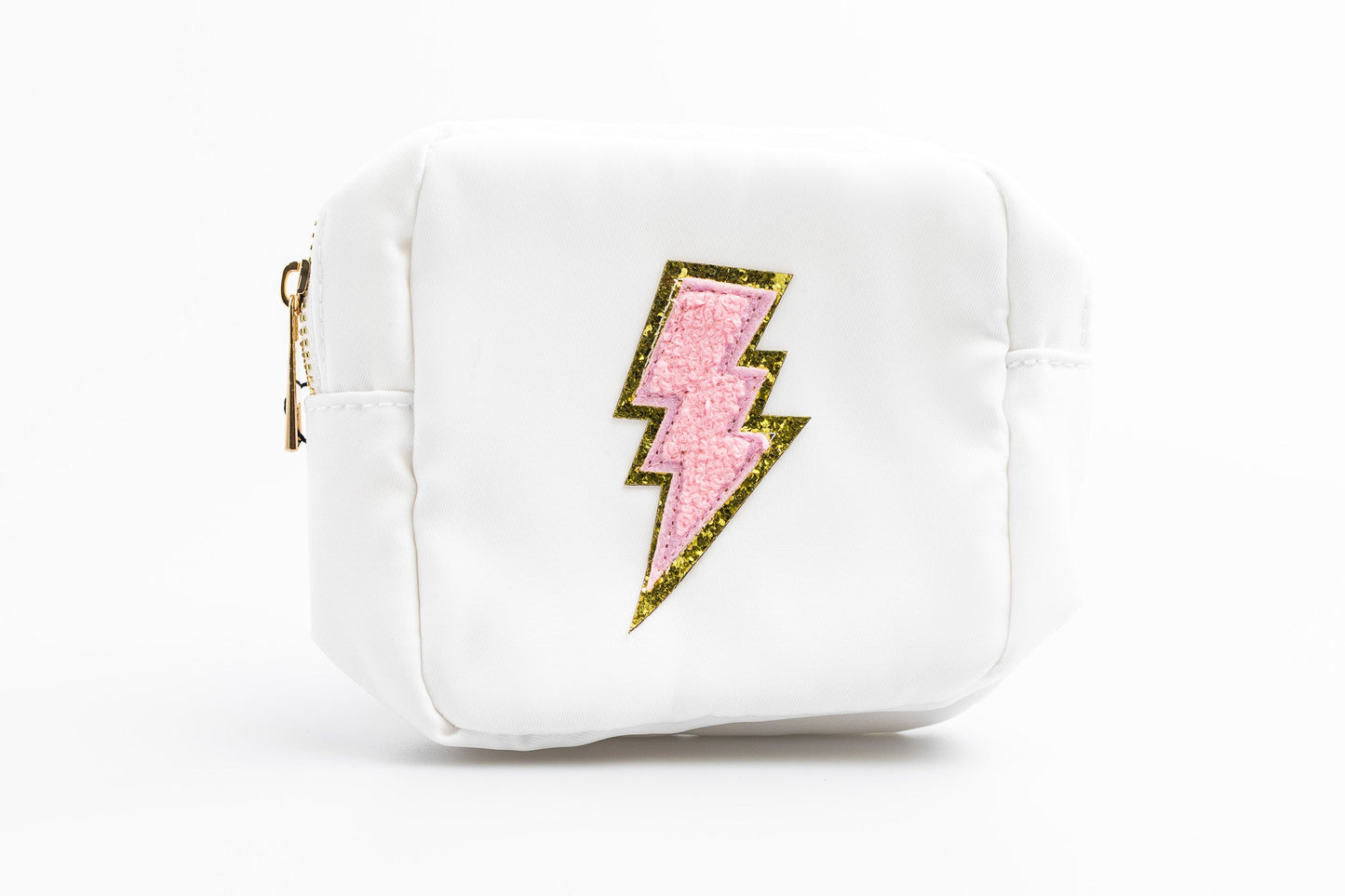 White Small Nylon Pouch with pink lightning bolt patch