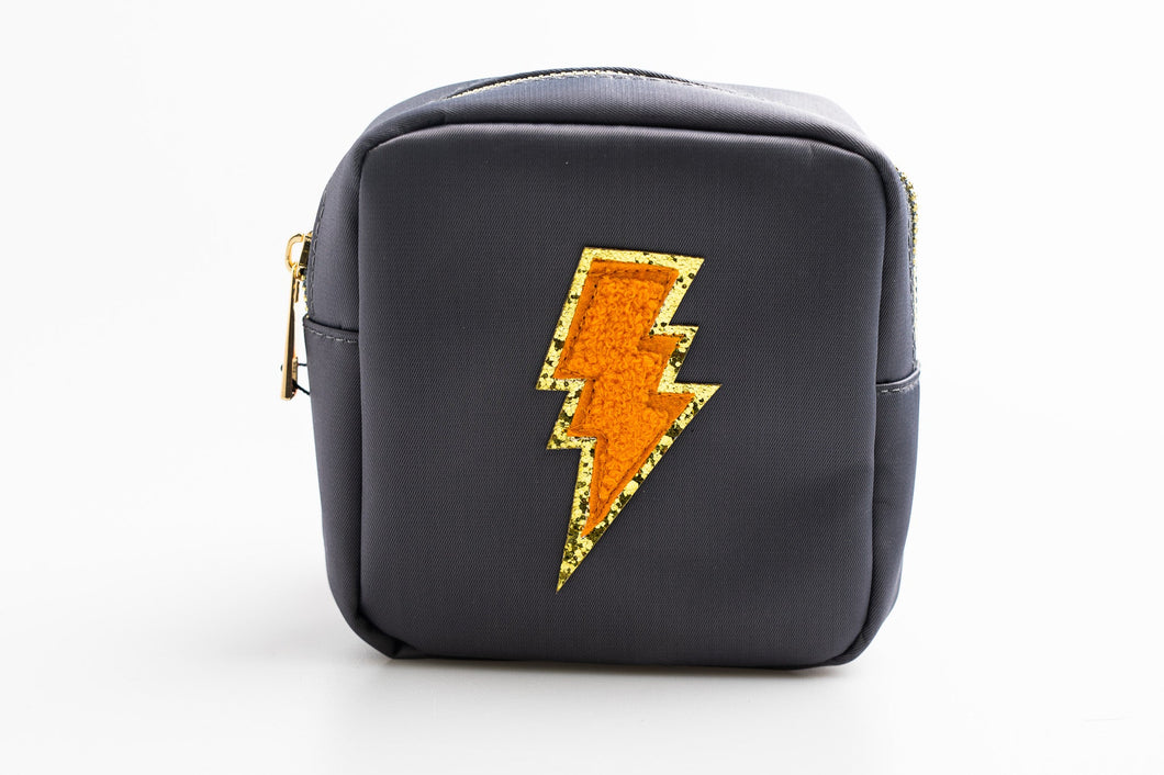 Charcoal Small Nylon Pouch with lightning bolt patch