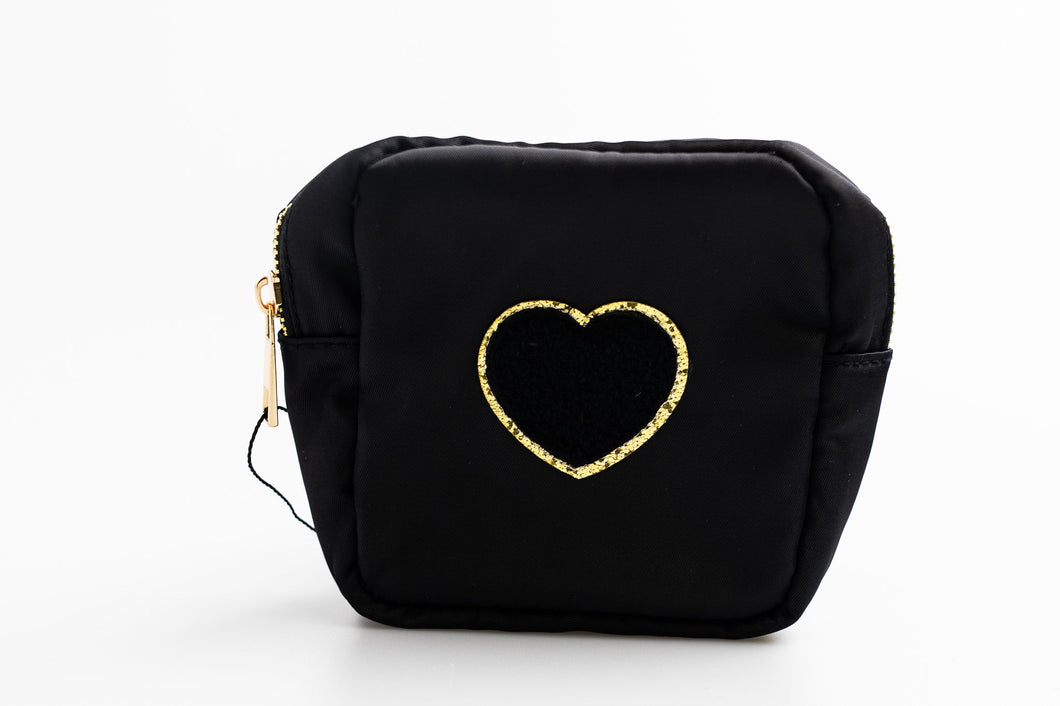 Black Small Nylon Pouch with heart patch