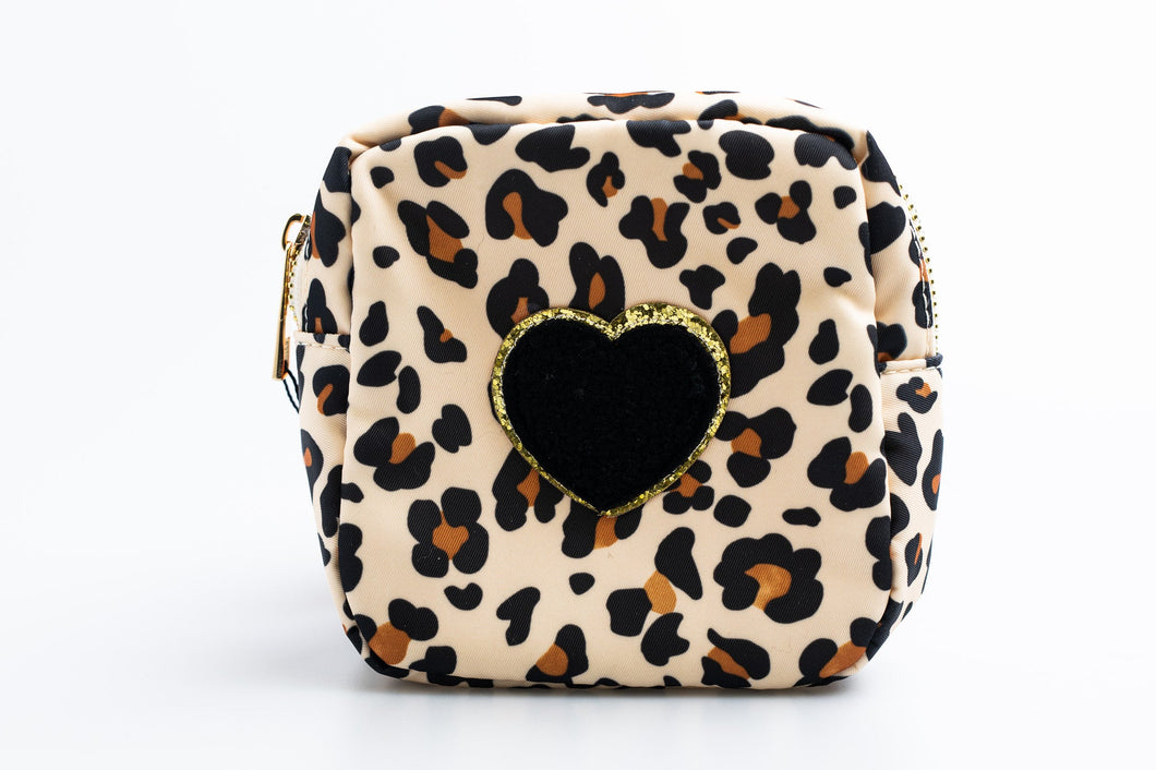 Leopard Small Nylon Pouch with heart patch