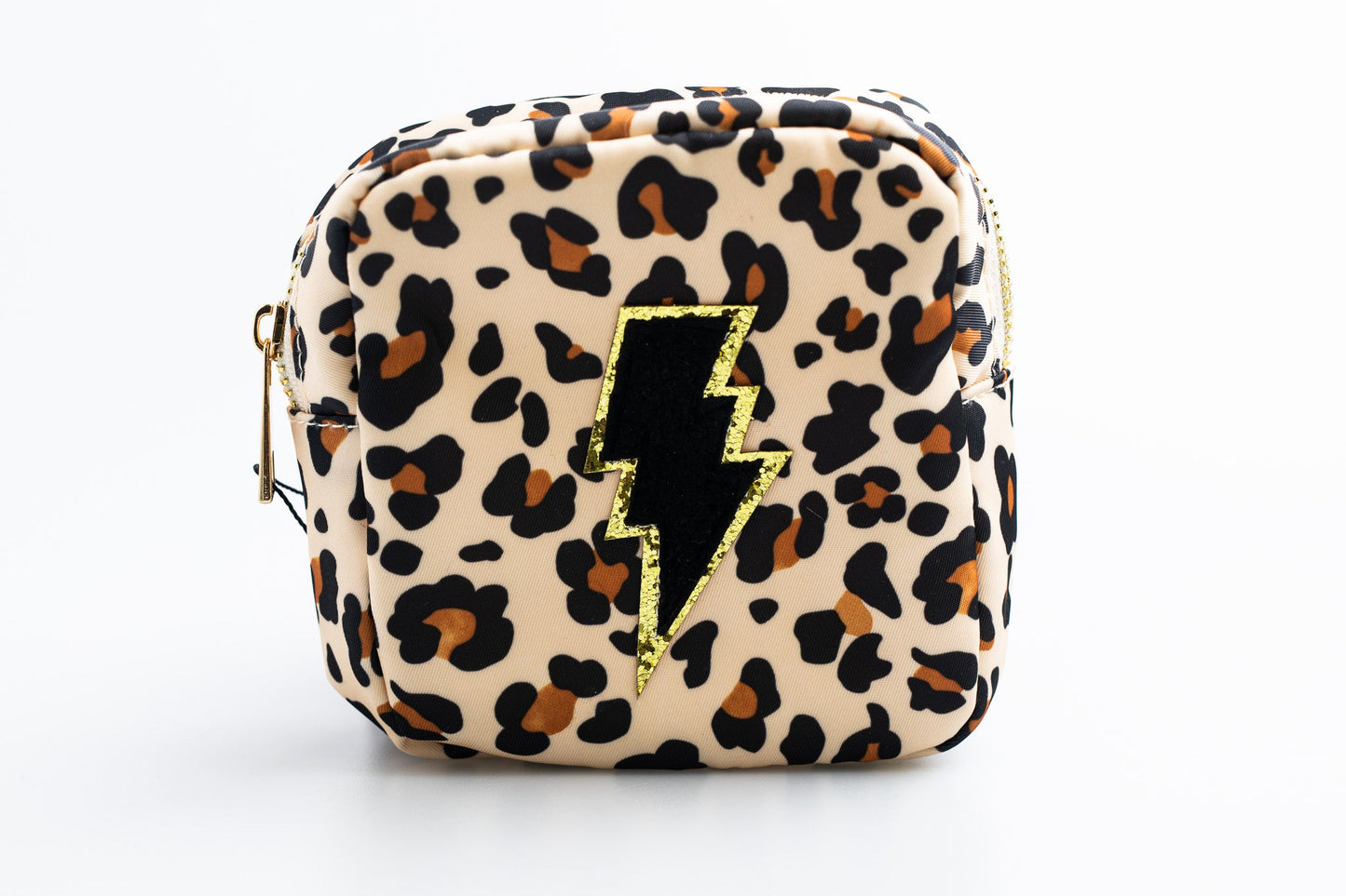 Leopard Small Nylon Pouch with lightening bolt patch