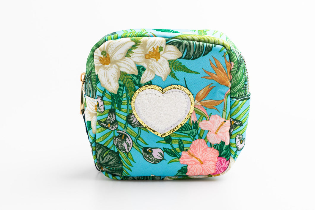 Floral Small Nylon Pouch with heart patch
