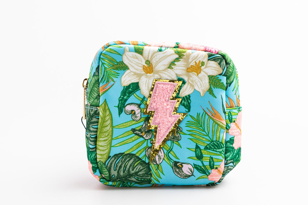 Floral Small Nylon Pouch with lightning bolt patch