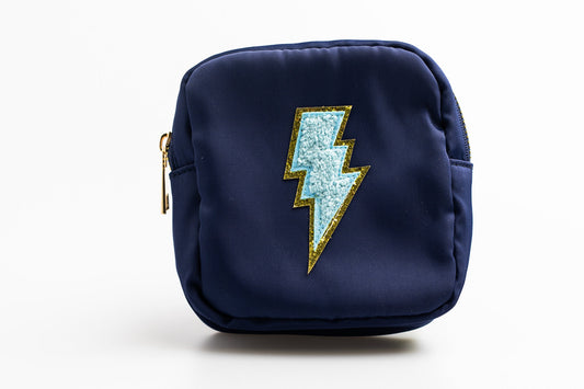 Navy Small Nylon Pouch with blue lightning bolt patch
