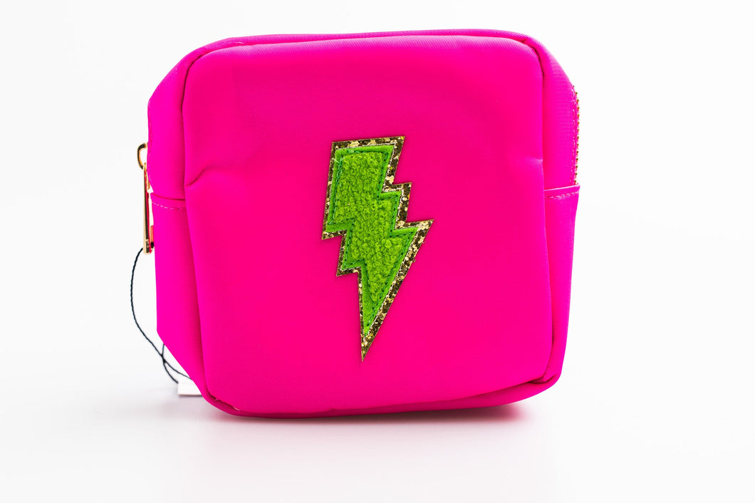 Hot Pink Small Nylon Pouch with lightning bolt patch