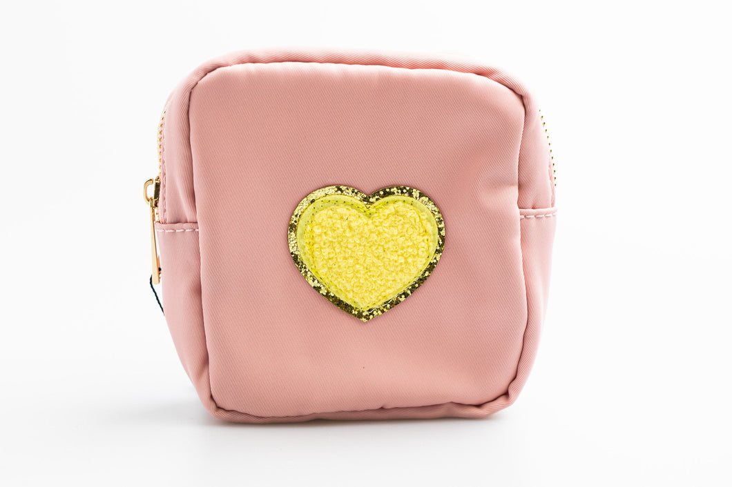Pink Small Nylon Pouch with heart patch