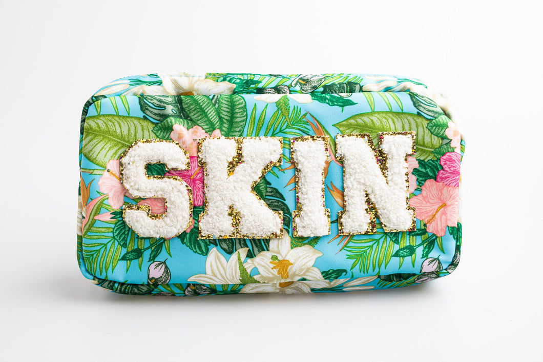 Floral Medium Nylon Pouch with S-K-I-N patches