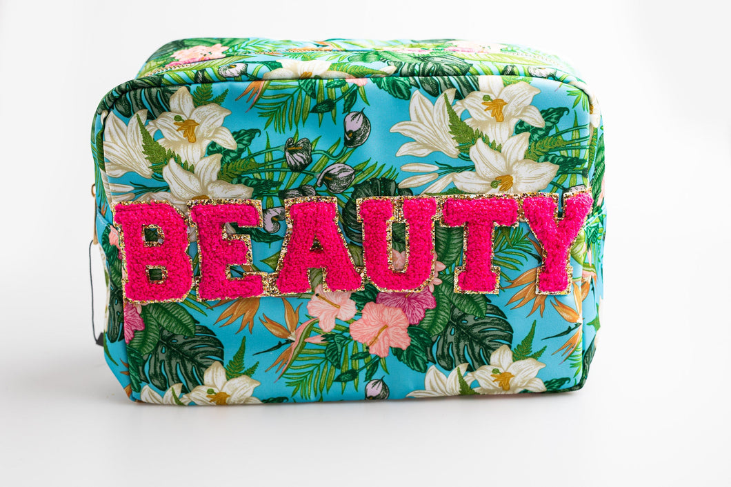Floral Extra Large Nylon Pouch with B-E-A-U-T-Y patches