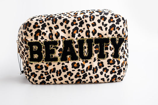Leopard Extra Large Nylon Pouch with B-E-A-U-T-Y patches
