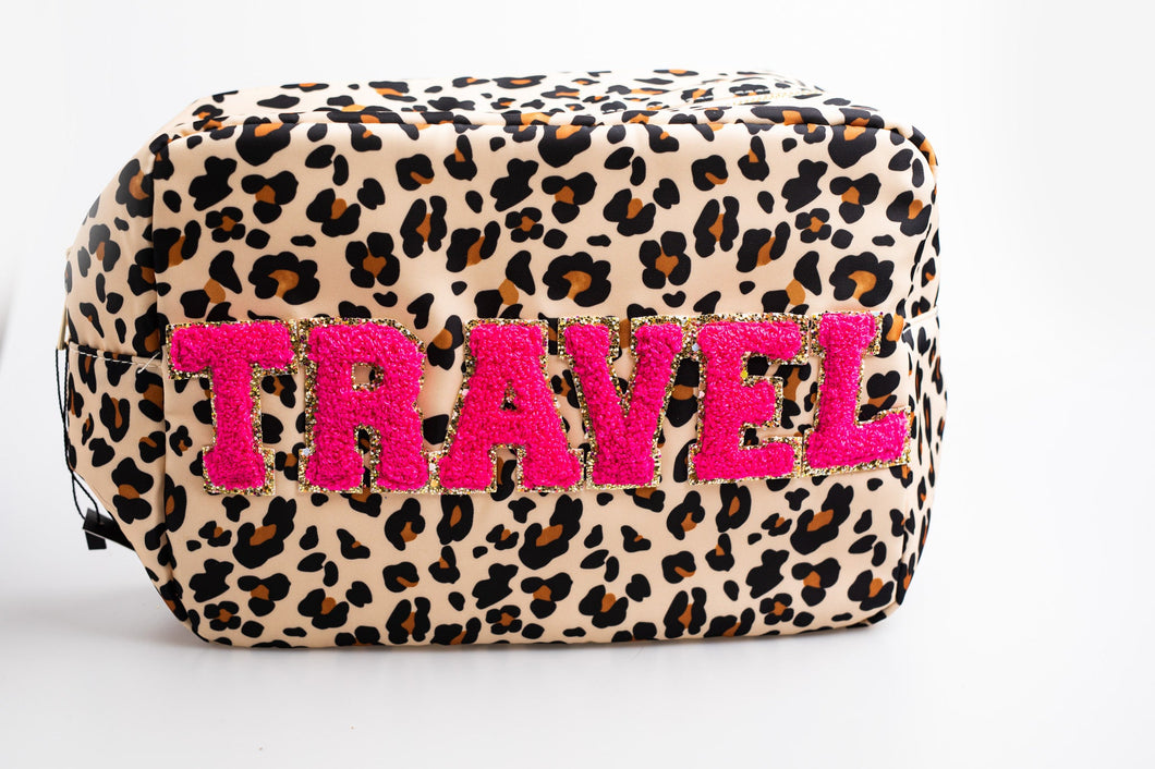 Leopard Extra Large Nylon Pouch with T-R-A-V-E-L paches