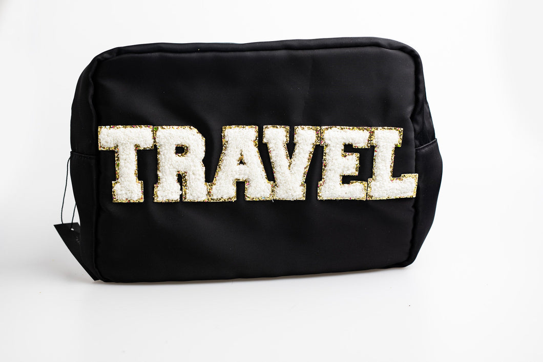 Black Extra Large Nylon Pouch with T-R-A-V-E-L paches