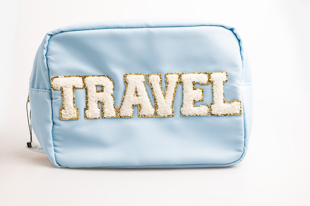 Light Blue Extra Large Nylon Pouch with T-R-A-V-E-L paches